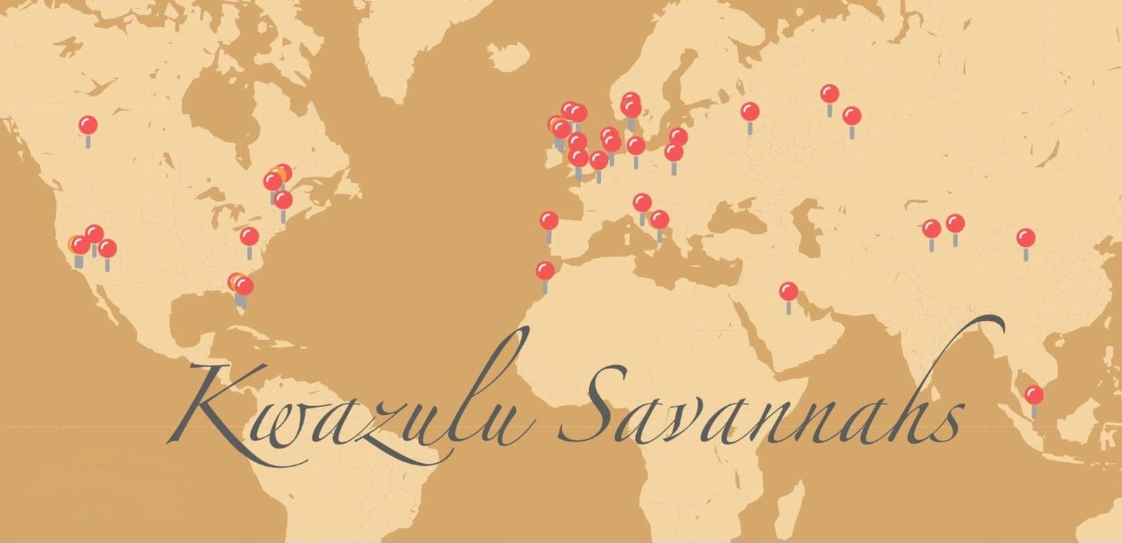 World map showing the countries Kwazulu Savannahs kittens have been sent to, including the US, UK, Europe, the Middle East and Asia